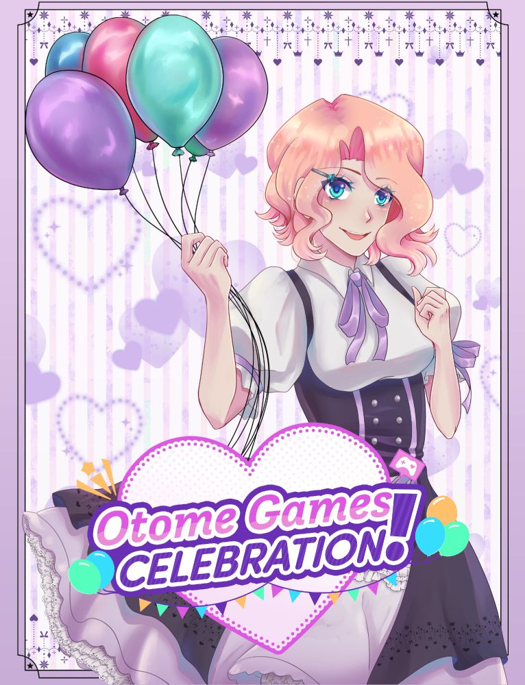 anime style illustration of a blonde girl smiling to the viewer and holding up balloons on a patterned purple background with purple hearts. at the bottom there's a logo that reads "Otome Games Celebration!" on top of a pink and purple outlined heart. balloons and party banners surround the logo.