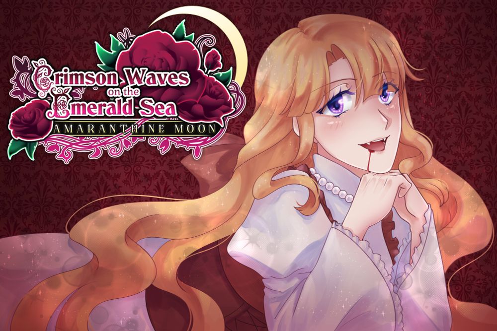 anime style illustration of a blonde girl in a white and red dress smiling with blood on her lips. the logo at the top left reads "Crimson Waves on the Emerald Sea AMARANTHINE MOON"