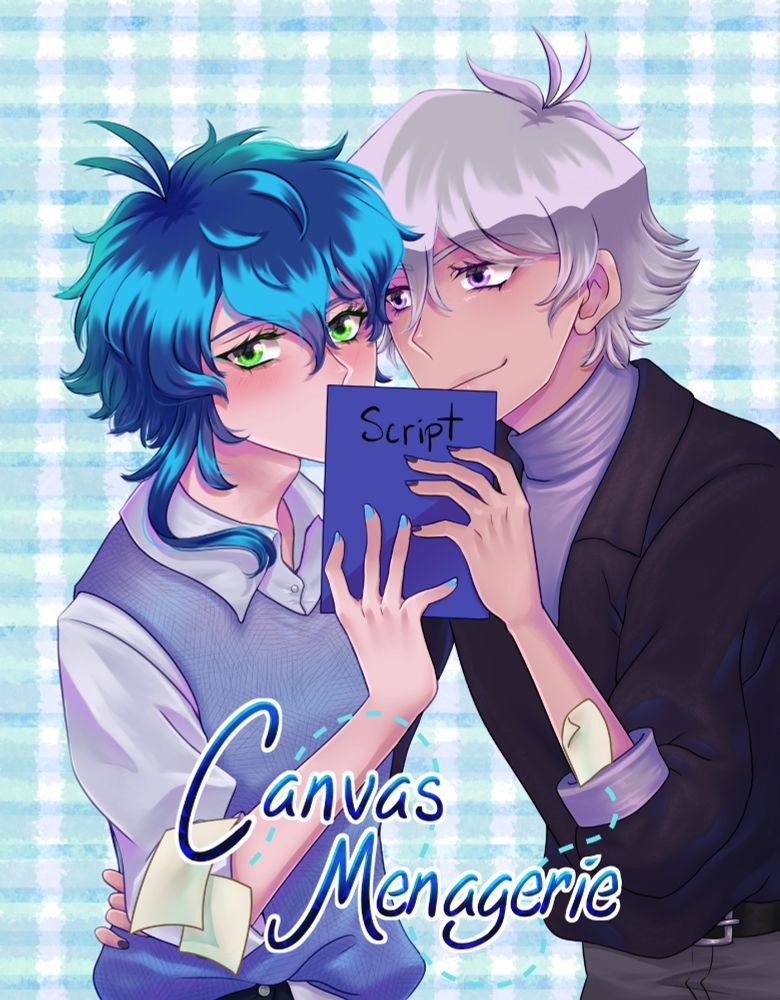 Anime illustration, the key art for the visual novel Canvas Menagerie. A pair of anime guys lean close, hiding behind a blue book titled "script". The blue haired guy on the left looks away, blushing, while the grey haired guy on the right smiles. The logo at the bottom reads "Canvas Menagerie"