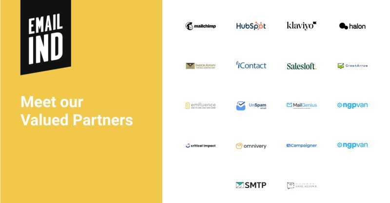 Email Industries Partner Logos/Names. Includes brands like: MailChimp, HubSpot, iContact, SMTP.com, and more. 