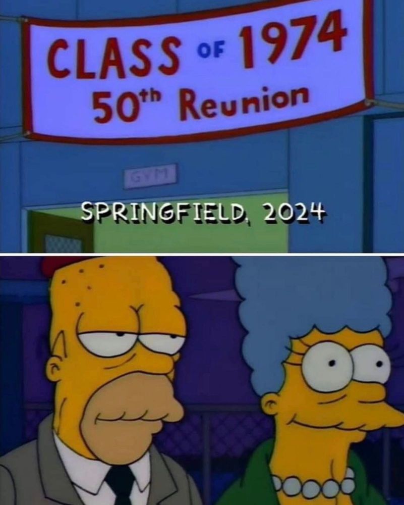 A screenshot from the Simpsons showing Homer and Marge attending their 50th high school reunion in the far-flung year 2024