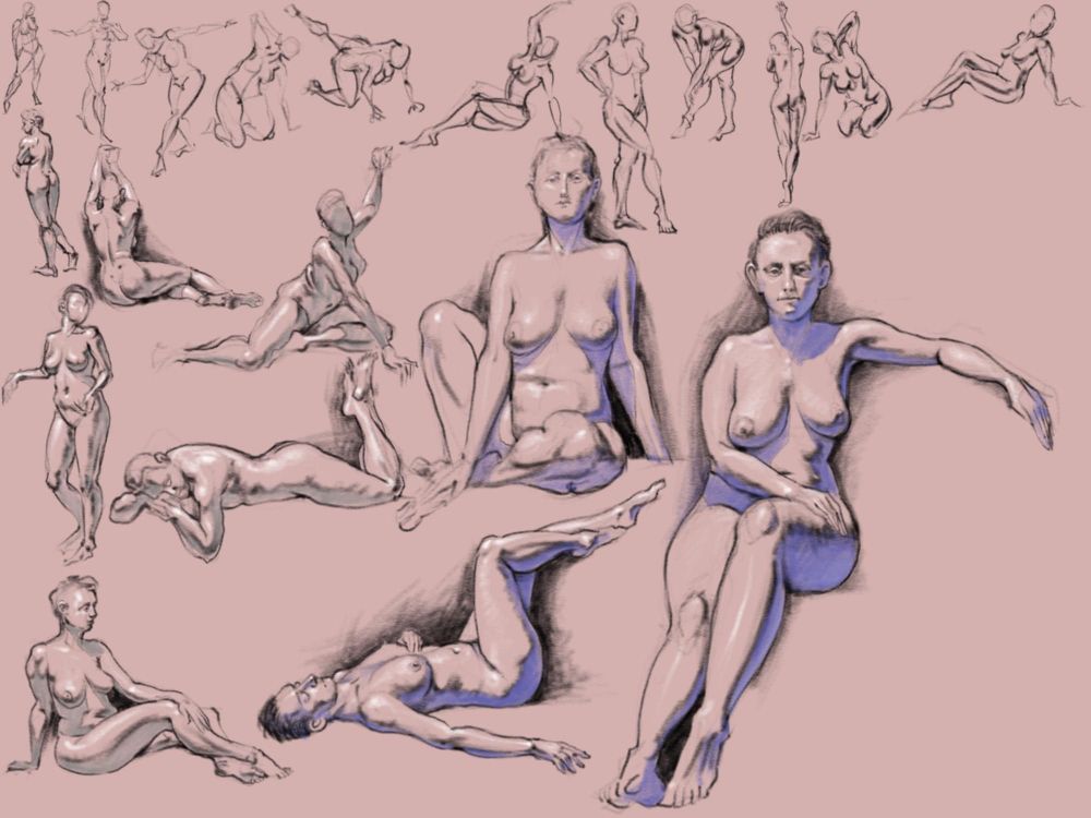 Figure drawings of nude woman in purple and pink shades, digital media