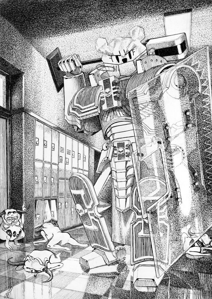 Dimly lit school hallway being patrolled by a paper bear girl Teri (The Amazing World of Gumball) in a papercraft power armor stylized after ones from Warhammer 40000 franchise. Teri is wielding hand sanitizer station as a makeshift mace and a transparent sneezeguard as a shield. Floor of the hallway is littered with battered lesser demons of Nurgle, their efforts to spread filth and disease averted. 