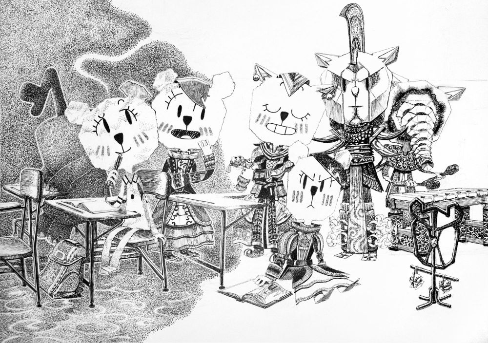Traditional artwork of a paper bear Teri from "The Amazing World of Gumball" cartoon is sitting at her school desk, imagining herself as various characters from The Elder Scrolls: Morrowind - either wearing precious clothing, or an ornate elven armour, or a garb of nefarious cultist.