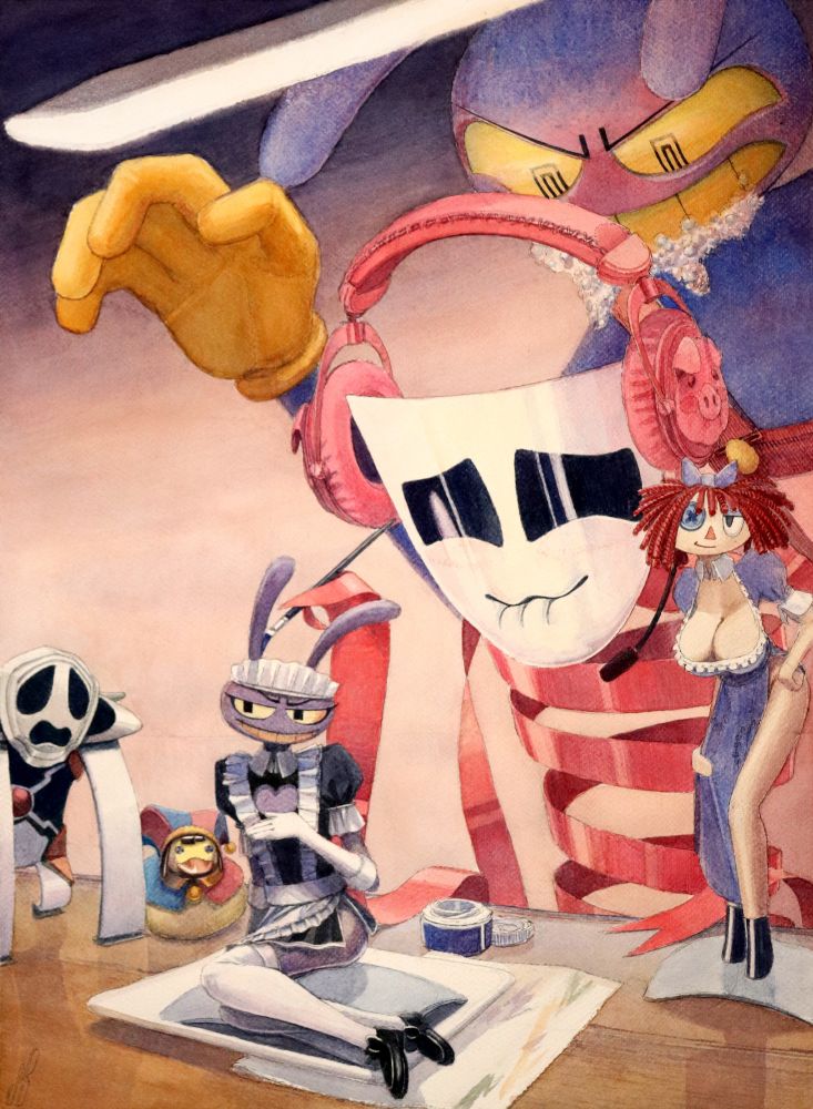 The Amazing Digital Circus fanart. Gangle is hard at work painting a lewd figurine of Jax in a maid outfit, all while the real Jax is standing right behind her, malding and seething.