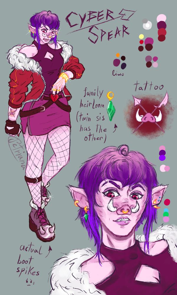 Character design sheet of Cyber, a female piglin rapper. Her music and attitude towards the industry are one and the same, and that is critical. Her style is punk to some degree, with fishnets, belts, spikes and fur leather jacket. She also wears a short skirt and a tight top that exposes her shoulders and mid chest.