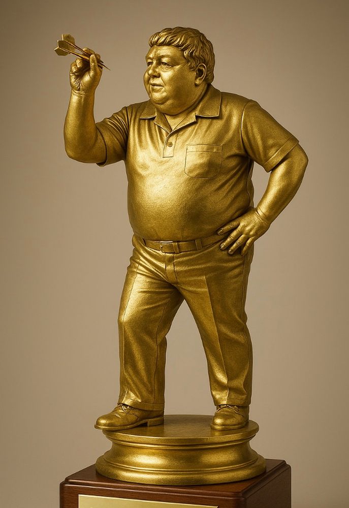 AI generated image of a trophy which features figurine of Jocky Wilson the darts player. 