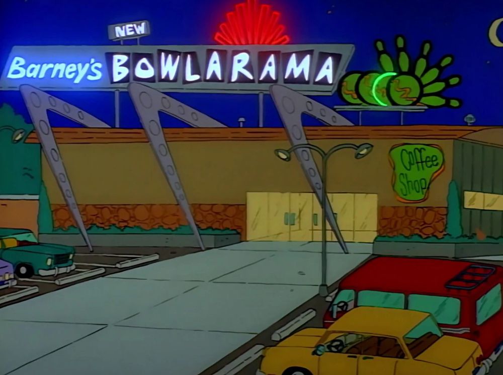 The exterior of "Barney's New Bowlarama" from The Simpsons. 