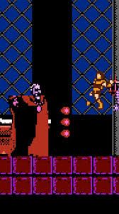Screenshot of the Dracula boss fight from the first NES Castlevania game. He's throwing three fireballs in a row at Simon Belmont. 