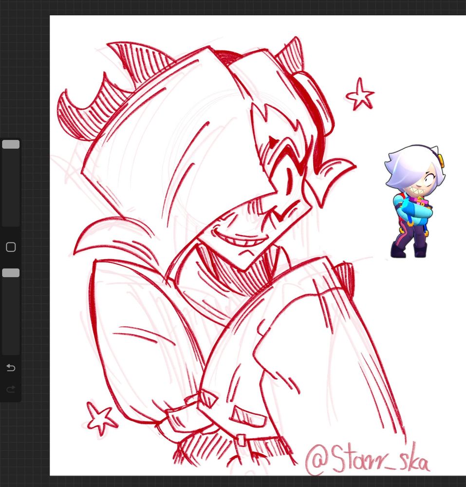 A red sketch made in "Procreate" depicting an exaggerated, stylized version of Colette from "Brawl Stars"