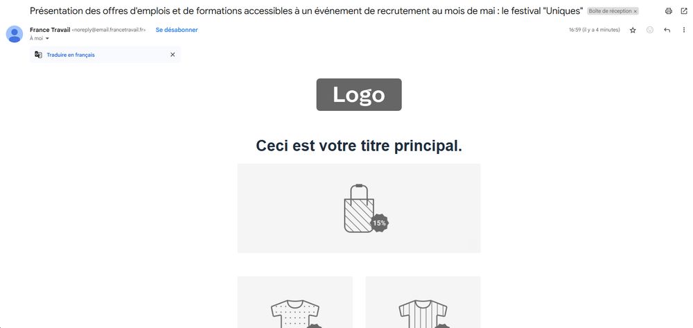 Capture d'écran d'un mail qui semble être la base d'une newsletter sans aucun contenu
