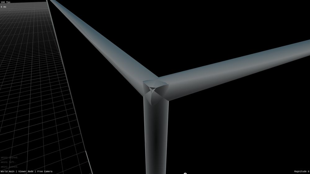 Closeup of a corner of a mesh in a 3D editor where three cylinders meet. The cylinders are mashed through each other in the corner.