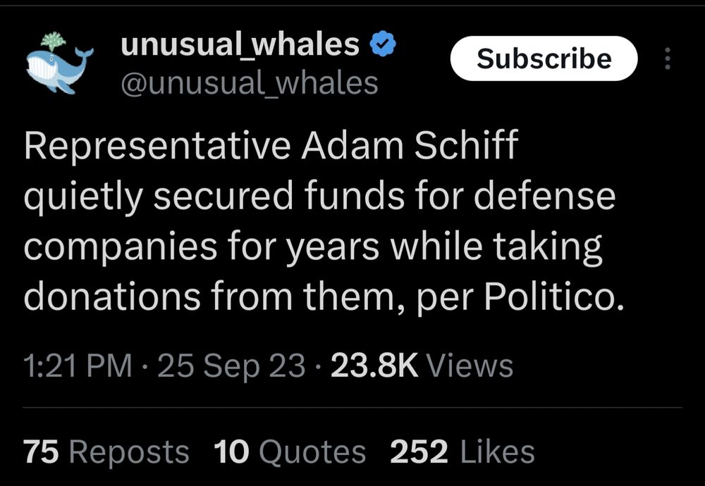Representative Adam Schiff quietly secured funds for defense companies for years while taking donations from them, per Politico.