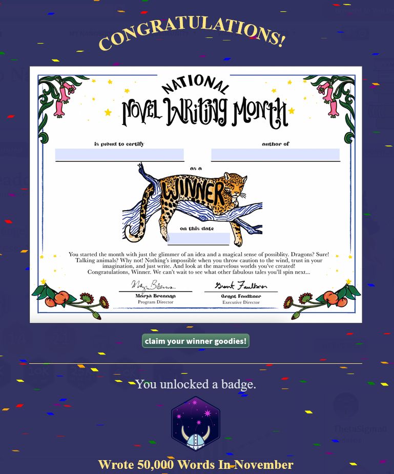 La imagen muestra el "diploma" y el logro que indican que la usuaria ha escrito 50.000 palabras para el NaNoWriMo.