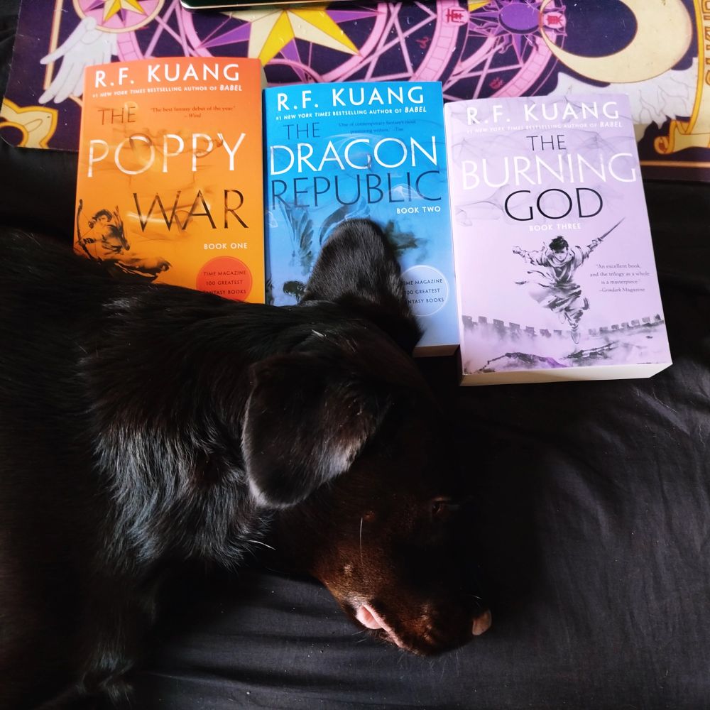 Photo of the Poppy War book trilogy by RF Kuang laid out on a bed. A black dog is lying down partially on top of the books.