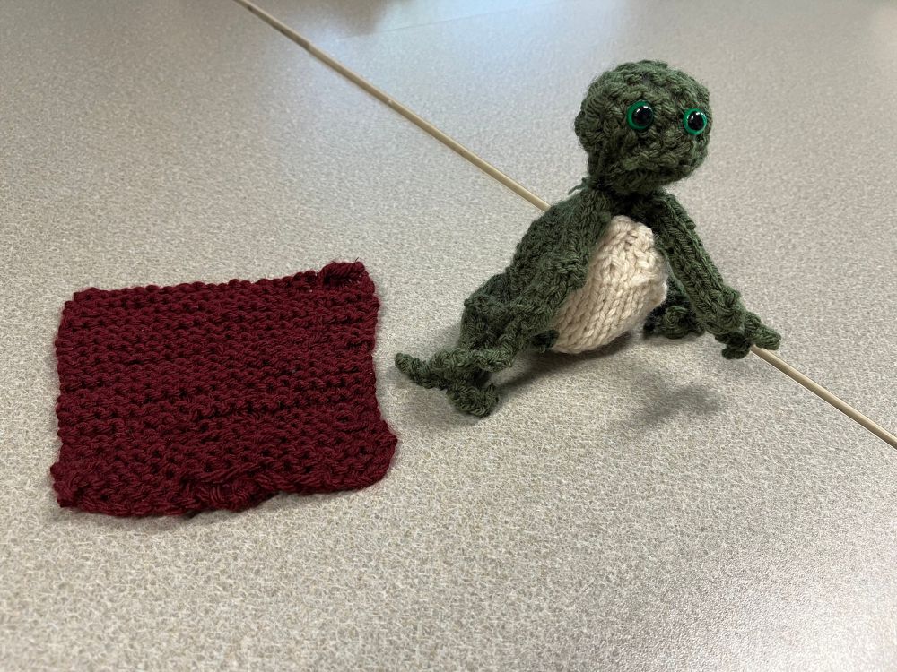 A dark red square knit coaster in garter stitch next to a knit frog in dark green with a cream stomach.