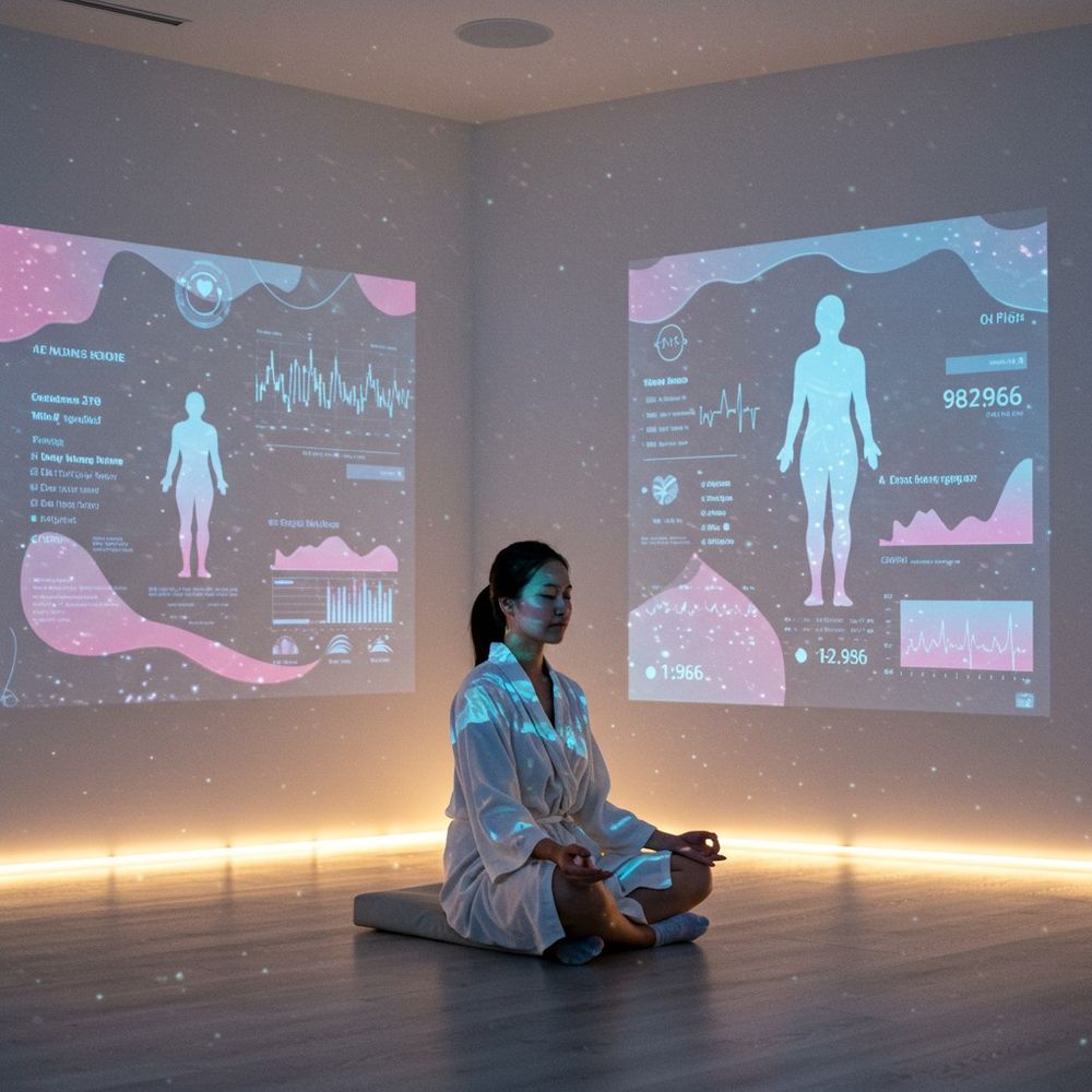 Peaceful meditation scene with digital wellness elements