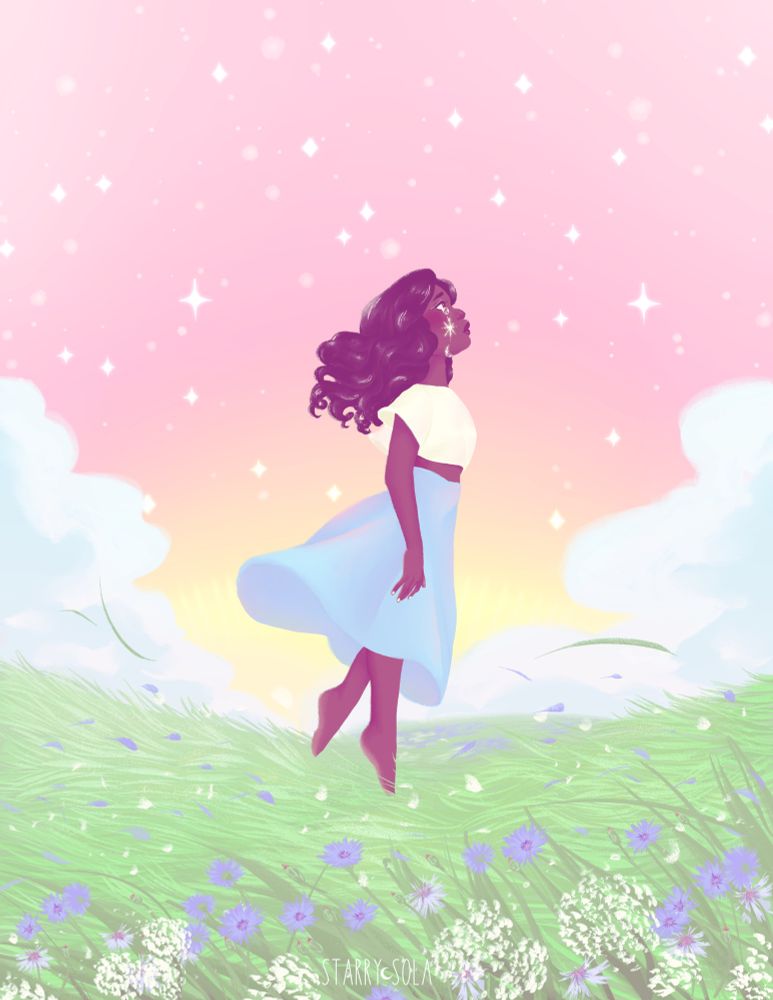 A black girl floating up from a windy green field with blue flowers into a sky thats parted by clouds and filled with many stars. The girl is crying as she looks up to the sky