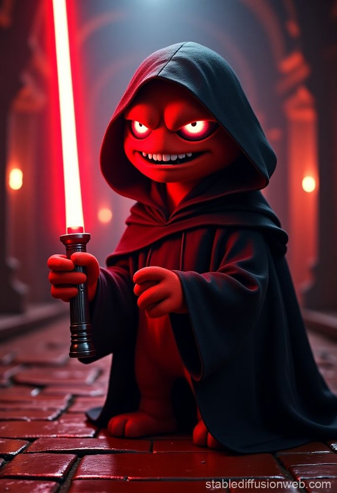 Elmo all in red - in a dungeon a cursed sinister Elmo smirking maliciously, wearing a black cape and hood with a red lightsaber standing on red tiles