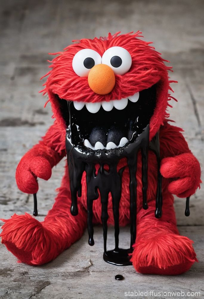 Elmo Empathy is Weakness Be careful of what is oozing from his mouth - Elmo with bright red orange fur has black goo from his mouth onto a stone floor. He has a bright orange nose even white toothy grin and googly eyes. 