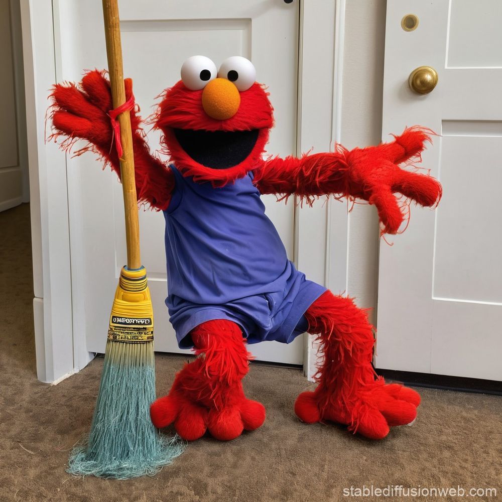 Elmo Psychopath Clean Freak Smiling Elmo with red orange fur, a large orange nose, googly eyes wearing a purple t-shirt and matching short, supports a used mop with a wooden handle, walking next to a closet in a hallway. 