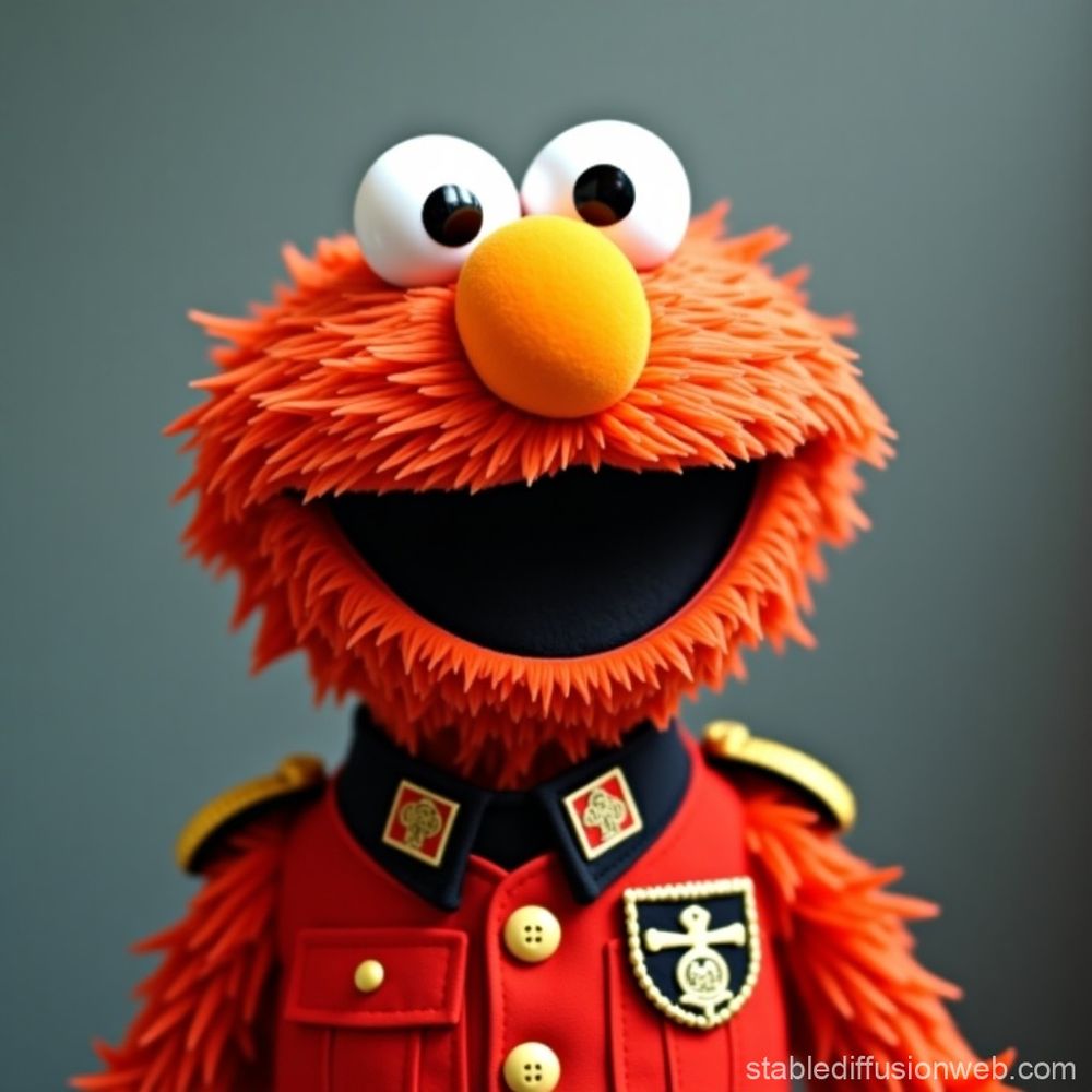 Gruppenführer Memelord Elmo with red orange fur, an orange nose, googly eyes, wearing a WWII uniform but in orange with insignias. 