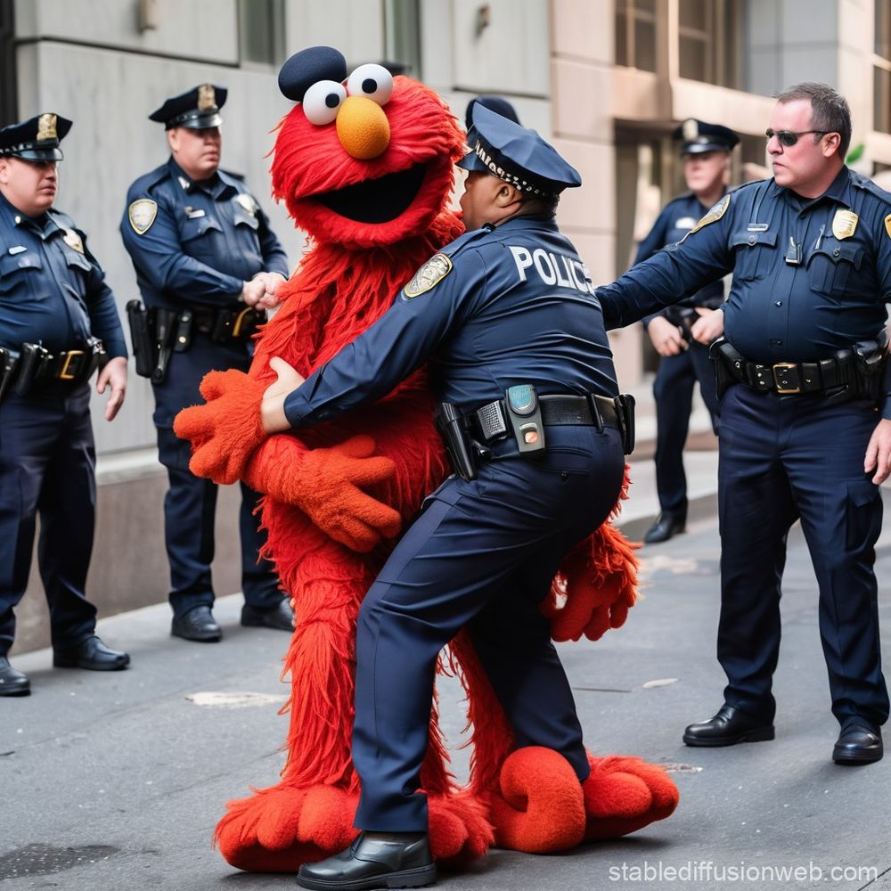 Elmo, red orange fur, orange nose, and googly eyes, being restrained on the street by a Black police officer, while 5 other large police officers watch in from of a modern building. He may be wearing a blue hat, or that may be a blue object in the background. 