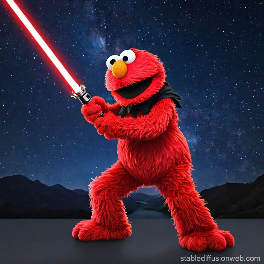 Elmo red orange fur, googly eyes, black short scarf holding a red light saber, standing on a water bearing planet under the Milky Way
