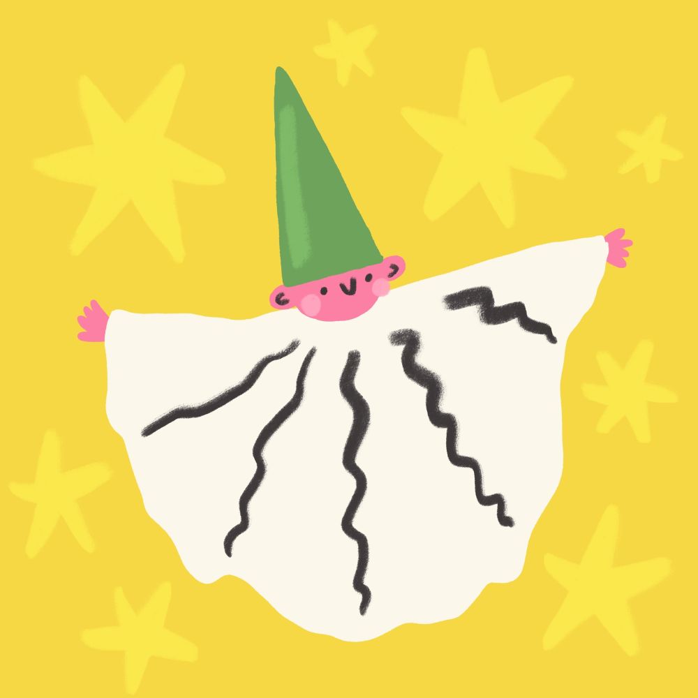 A colourful illustration of the ‘Mestre Ensinador’ puppet (or me, a whimsical baby), from the ‘me as a baby’ videos popular in 2022