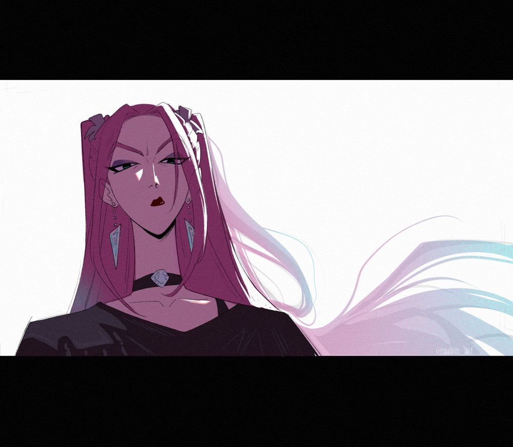 Fanart of Mira from the movie Kpop Demon Hunters. She looks down at the viewer, mildly annoyed.