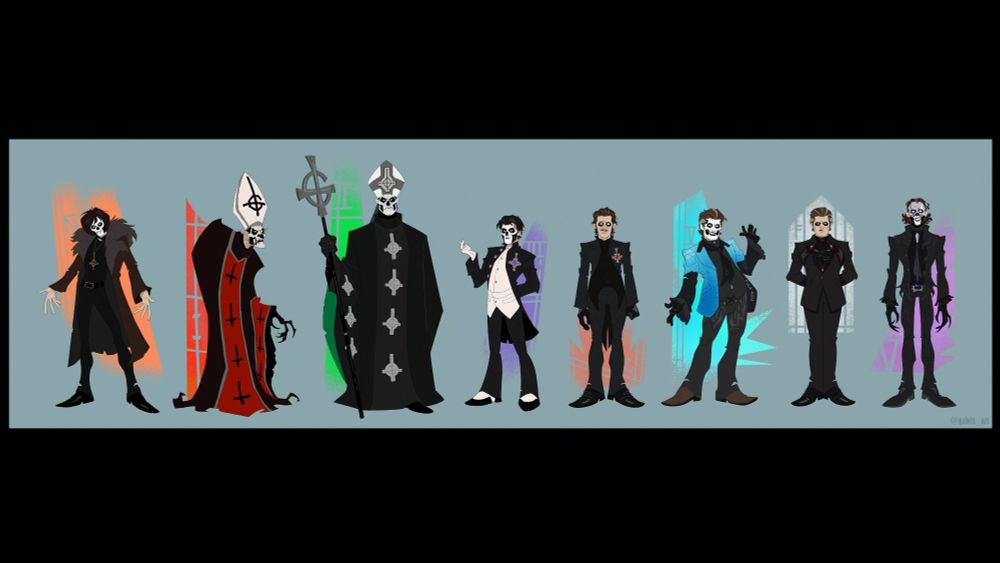 A lineup of all of the band Ghost frontmen, from Young Papa Nihil until Papa V Perpetua (and Frater Imperator is there too)