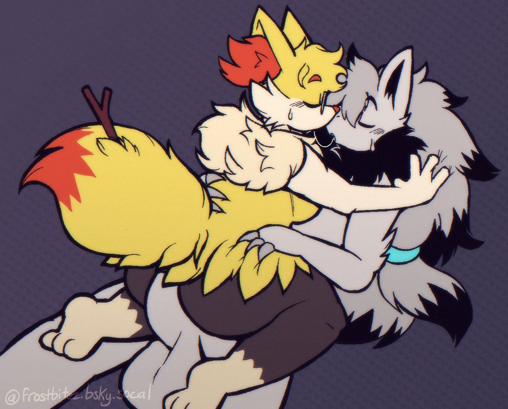 Whatty (a male grey Zoroark) and Chelsey (a female braixen) are kissing eachother while Chelsey is sitting on Whatty's lap and bouncing on his dick.