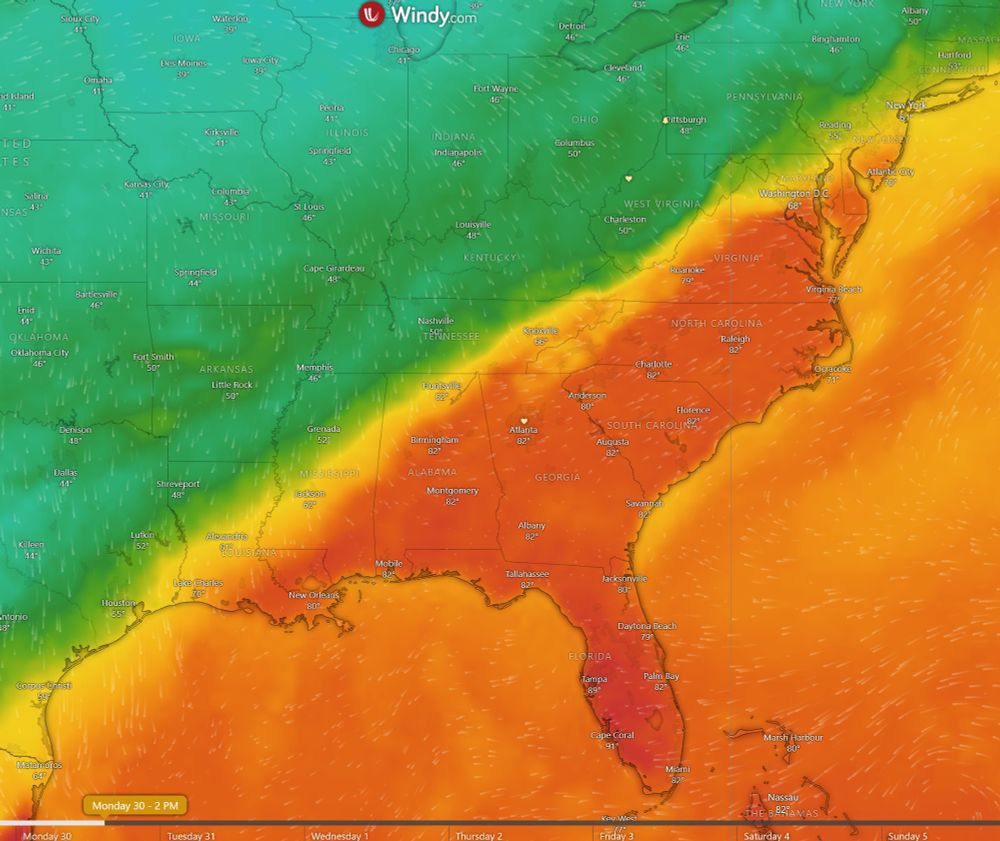 A weather map showing temperatures of 80+ to the south and east of the Appalachian mountains and temperatures of 50 and below to the north and west. The line between the two is less than 100 miles wide.