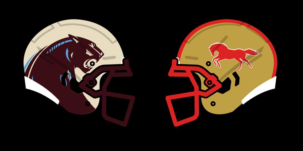 Stylized depictions of the helmets of the Michigan Panthers and Birmingham Stallions, two teams who have played in the 1980s United States Football League, the 2020s USFL, and the current spring league: the United Football League. Michigan's helmet features a dark maroon and sky blue panther head on a light gold/champagne helmet with a maroon facemask, and Birmingham's features a red stallion, outlined in white, on a gold helmet with a red stripe and red facemask.