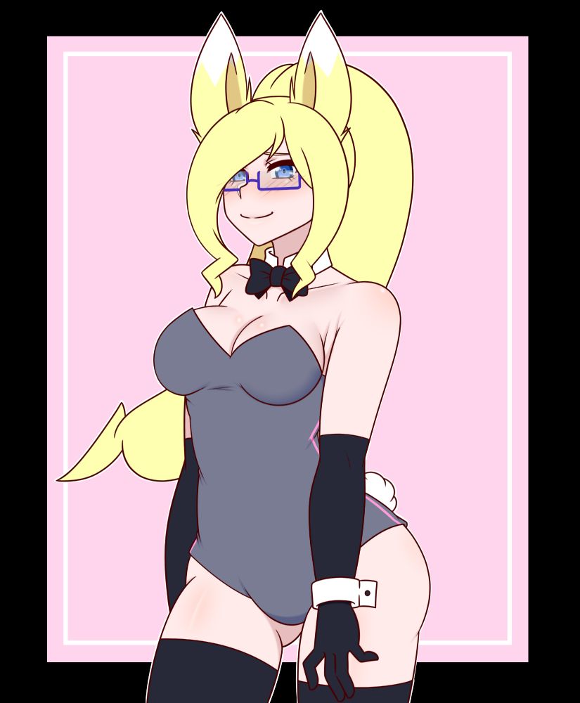 Supes, a blonde foxenby vtuber is wearing a grey bunny suit with a pink stripe down the sides, as well as a collar with a bowtie and black elbow-length gloves and thigh-high socks. They look cute af and Beck did such a good job on this commission