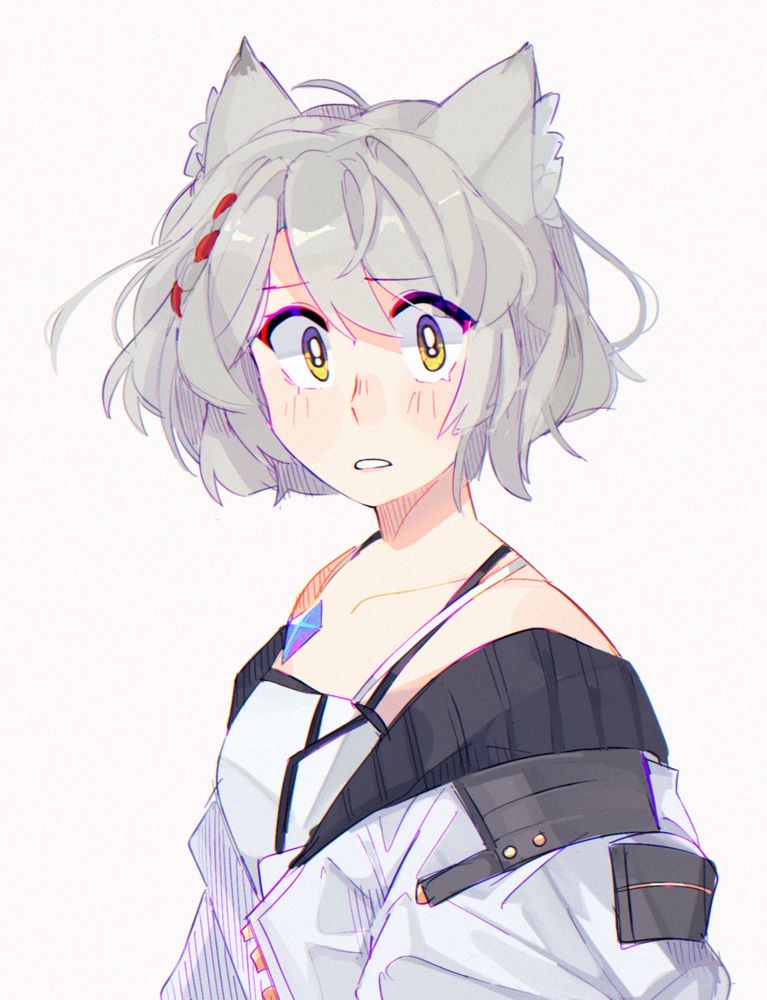 An illustration of Mio from Xenoblade Chronicles 3, turning towards the camera. She looks surprised and nervous.