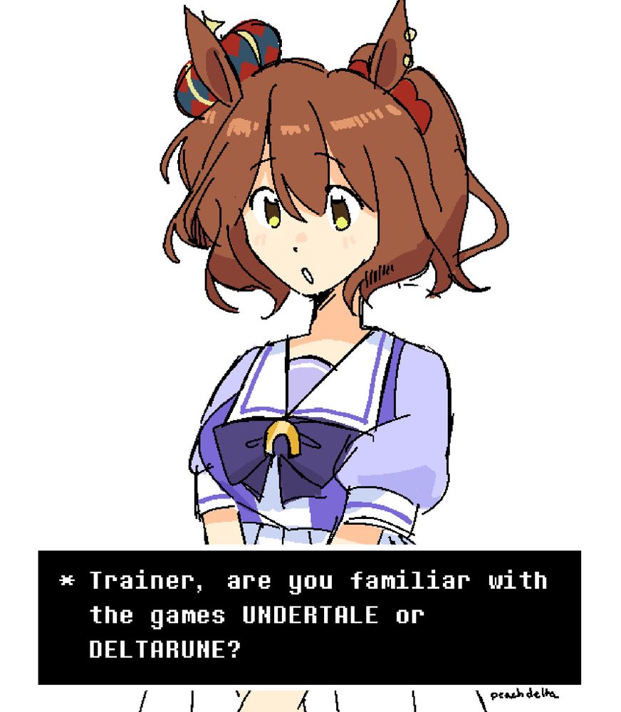 Aston Machan looking at the camera with her hands folded in front of her. There’s an UNDERTALE-style text box in front of her that reads “Trainer, are you familiar with the games UNDERTALE or DELTARUNE?”