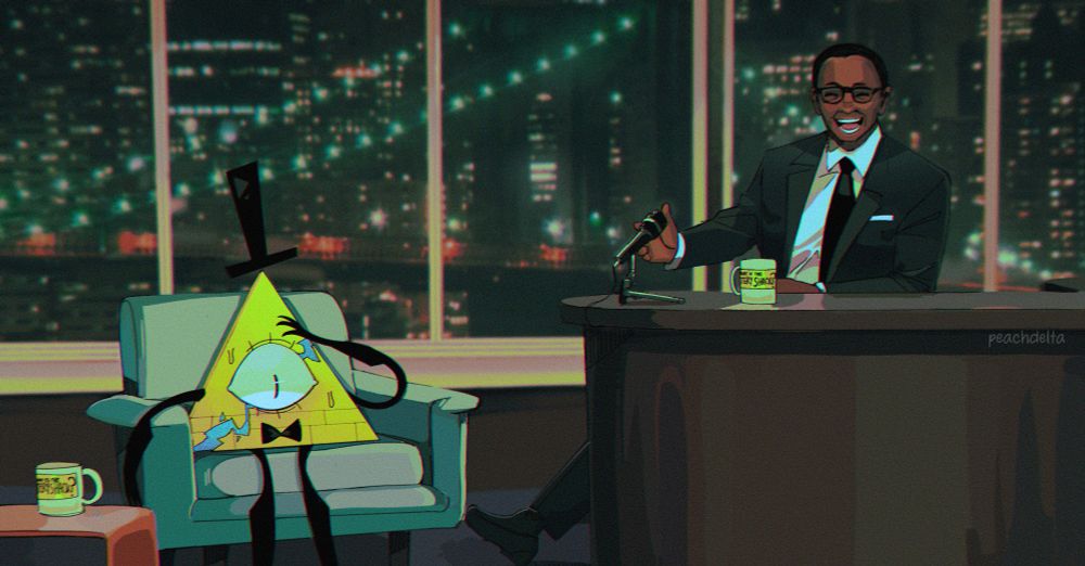 An illustration of a crossover between Alan Wake II and Gravity Falls. Mr. Door sits at his desk on the set of the late night show “In-Between with Mr. Door”, cheerfully gesturing towards his guest, Bill Cipher, who appears to be extremely stressed. Bill has a large crack over his body, indicating this is post-show Bill, and he’s holding his “head” (considering his whole body is his head), sweating, and looking towards the ground. The whole illustration is lit and coloured in a vaguely otherworldly way.