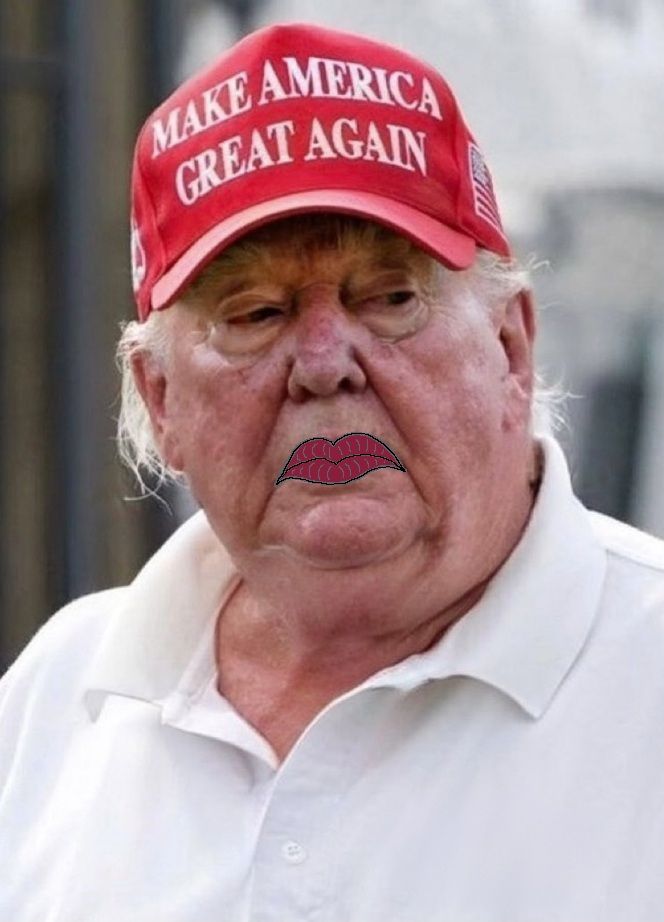 Picture of tRump looking sickly, wearing a MAGA hat. Red lipstick has been drawn on his lips.