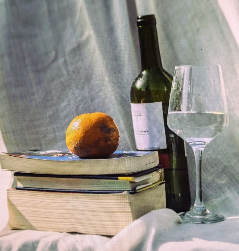 Photo: books, orange, wine 