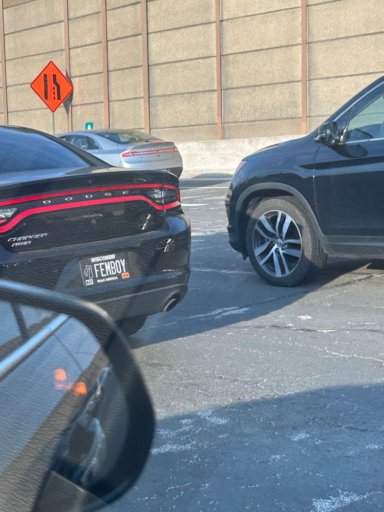 License plate on a dodge charger(probably former police interceptor) saying “FEMBOY”