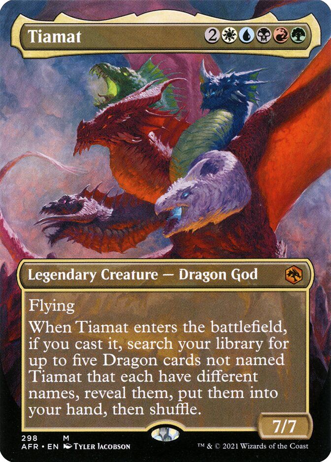MTG card Tiamat. A 5 headed multicolor dragon 