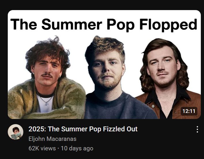 screenshot of an eljohn macaranas video from 10 days ago reading "2025: the summer pop fizzled out" with 3 random white guys whose names i dont know in the video 