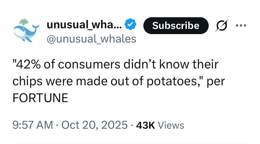 
@unusual_whales

"42% of consumers didn't know their chips were made out of potatoes," per
FORTUNE
9:57 AM • Oct 20, 2025
