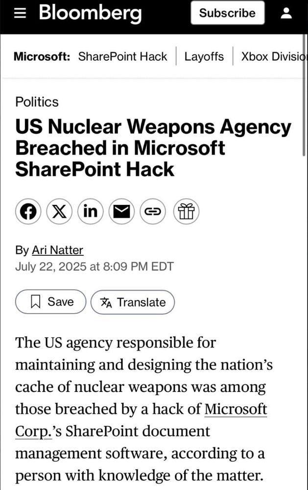 Politics US Nuclear Weapons Agency Breached in Microsoft SharePoint Hack By Ari Natter July 22, 2025 at 8:09 PM EDT