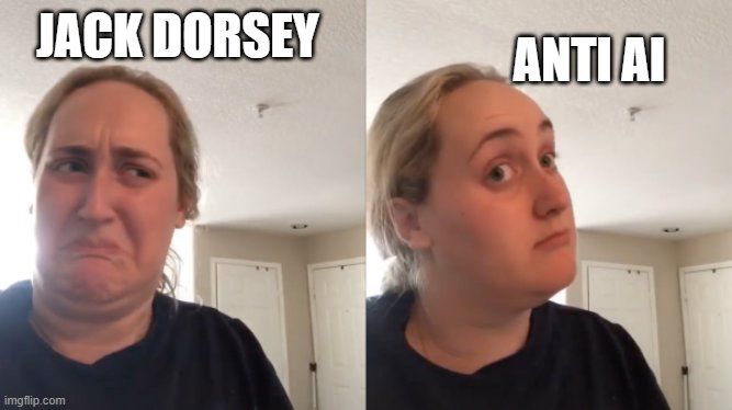 The viral kombucha meme with disgust (jack dorsey) and intrigue (anti AI) about the recent announcement that vine was coming back as diVine with all AI banned. 
