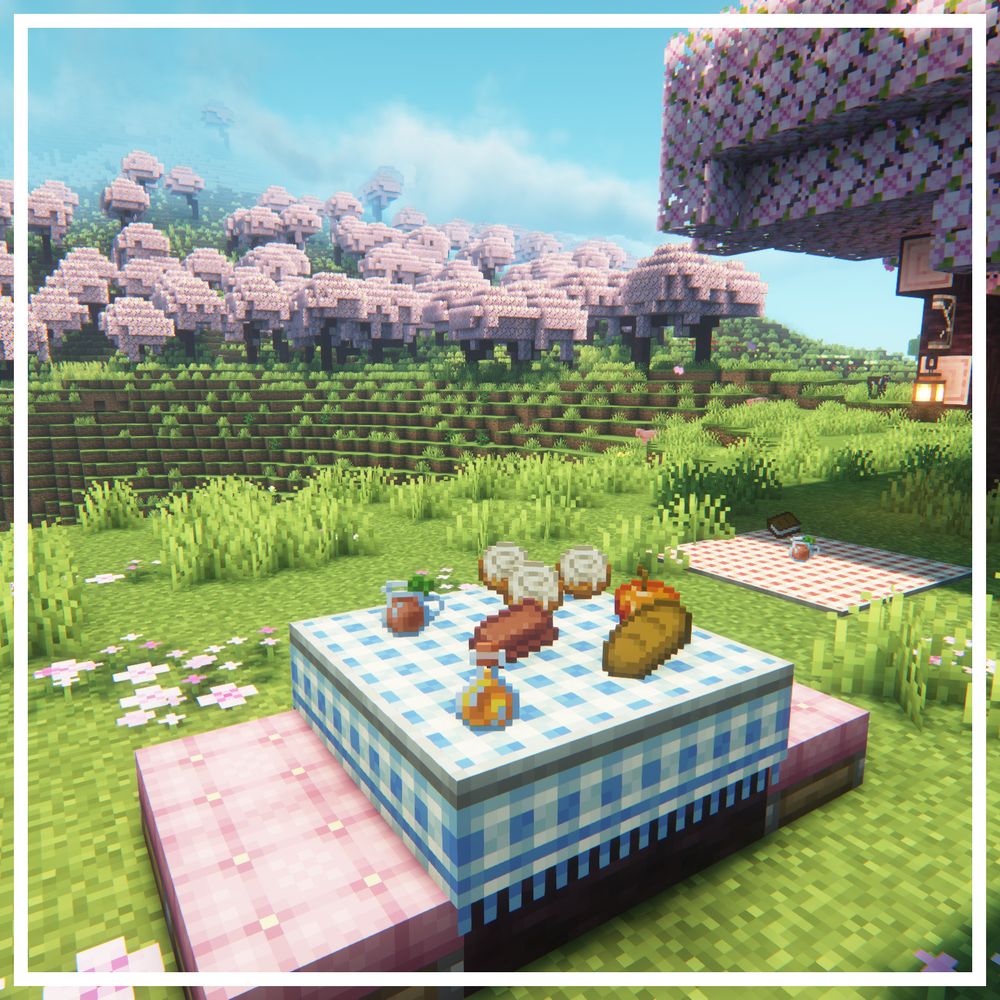 An Idyllic sunny picnic scene inside a cherry grove, rendered inside minecraft.