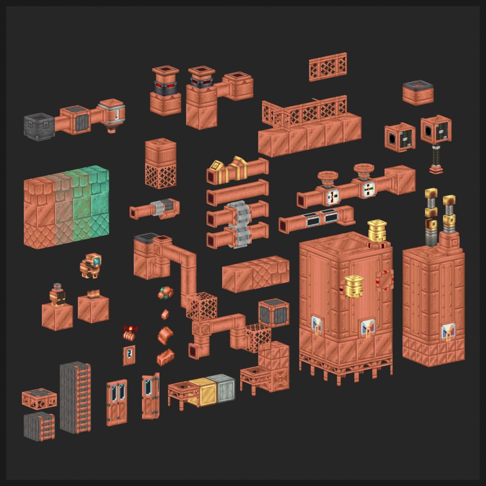 The image contains a collection of the Create mod's copper components. The assets are retextured to use vanilla Minecraft's copper palette.