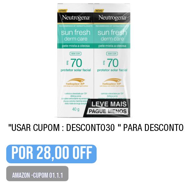 💥 🌟PRECINHO DA AMAZON-Cupom-01.1.2 Protetor Solar Facial Para Pele Oleosa Derm Care, FPS 70, Sem Cor, Kit com 2 Unidades de 40g
.
Use o cupom: DESCONTO30 </br> (na tela de pagamento)
.
😱 Por 28
.
🛒 Compre aqui 👉🏽 https://www.amazon.com.br/gp/product/B0F4G9HWF7?tag=descontai01-20