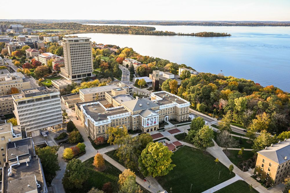 Wisconsin-Madison's tree-filled campus, next to a big shiny lake 